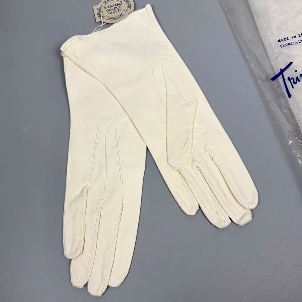 New Vintage White Gloves Washable Doeskin Leather Trimingham Bros sz 7,5 England
